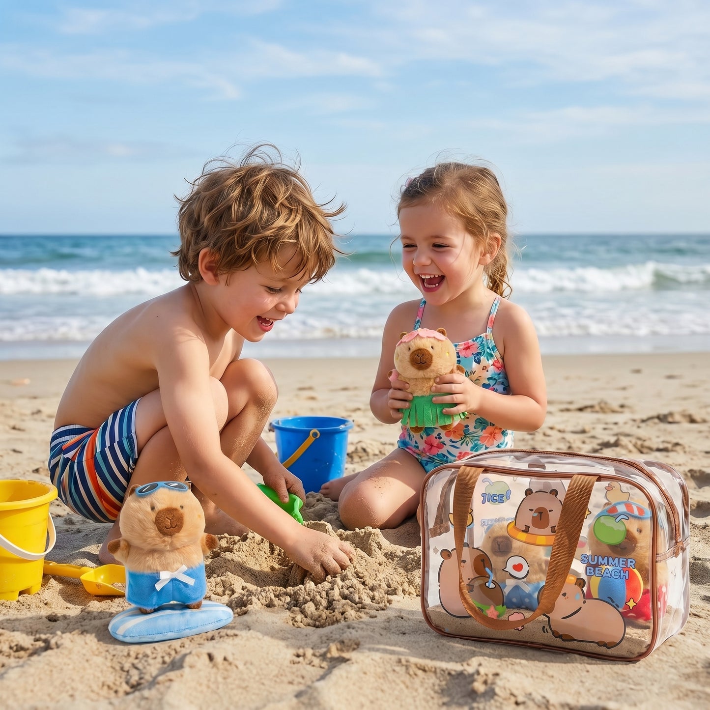 Ensemble de jeu en peluche Capybara Aventure estivale à la plage, 6 pièces, avec sac imperméable (2-6 ans)