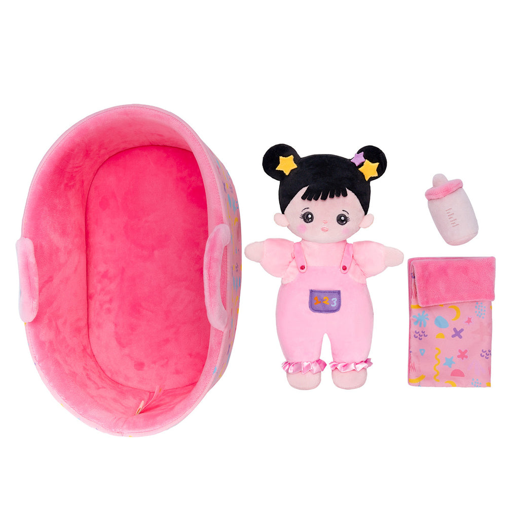 Mini Personnalisée Poupée en Peluche avec Yeux Ouverts dans Cheveux Noirs & Ensemble-cadeau