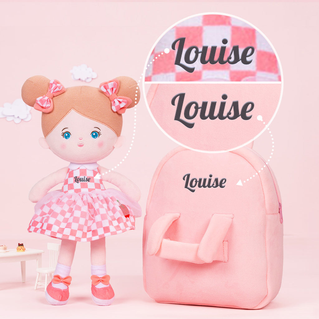 Personnalisée Poupée en Peluche avec Yeux Bleus Ouverts en Robe aux Carreaux Roses