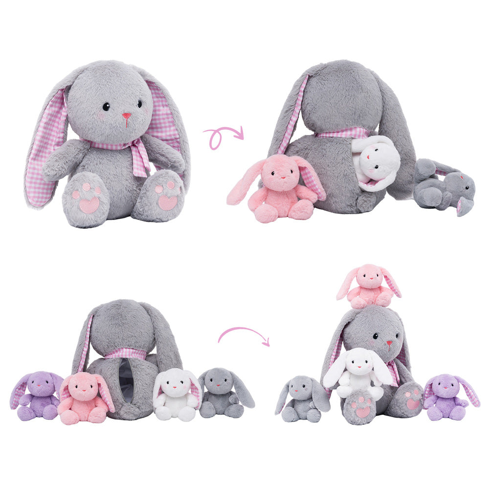 Ensemble de Jeu en Peluche de Famille Lapins avec 4 Bébés Coffrets Cadeaux pour Tout-petit