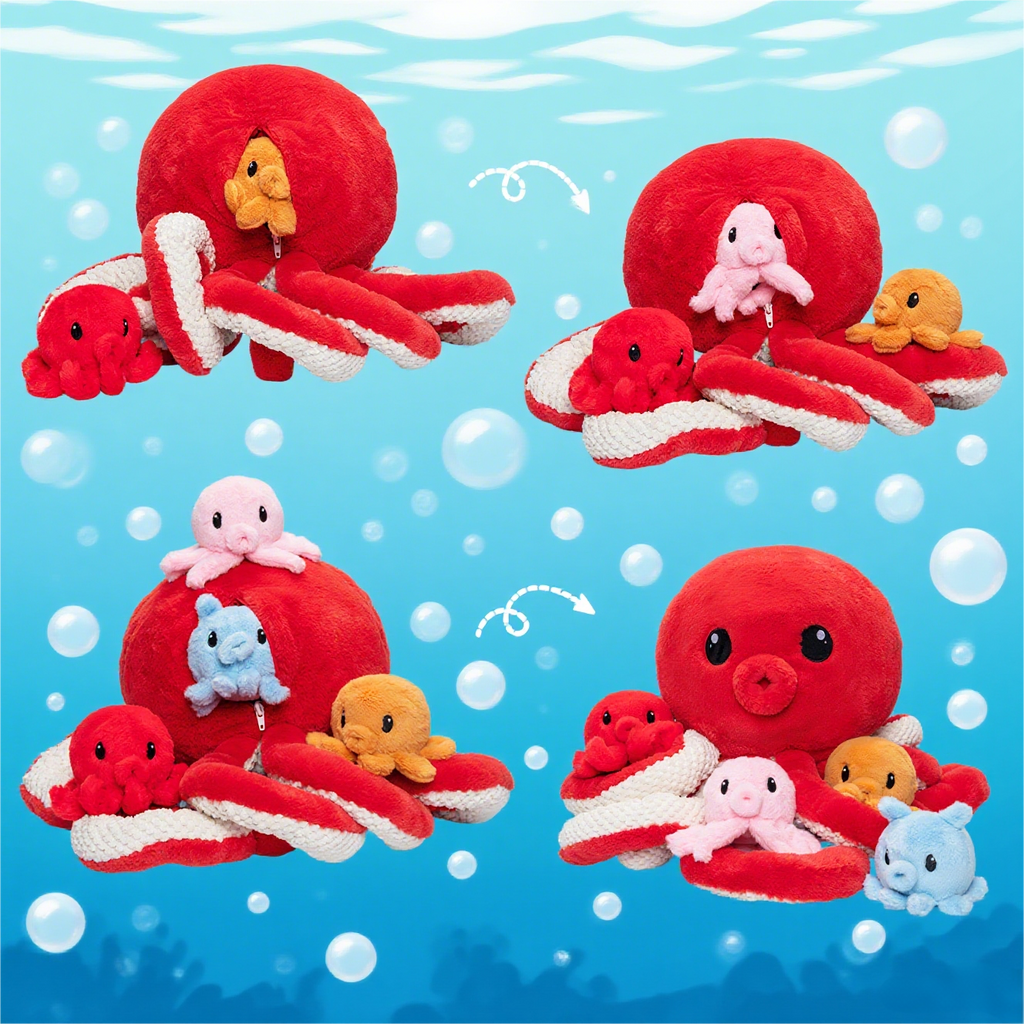 Peluche pieuvre avec 4 bébés pieuvres à l'intérieur