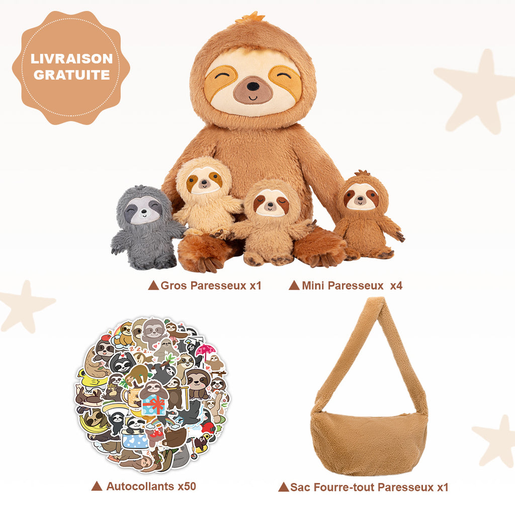 Ensemble de Jeu en Peluche de Famille Paresseux avec 4 Bébés Coffrets Cadeaux pour Tout-petit