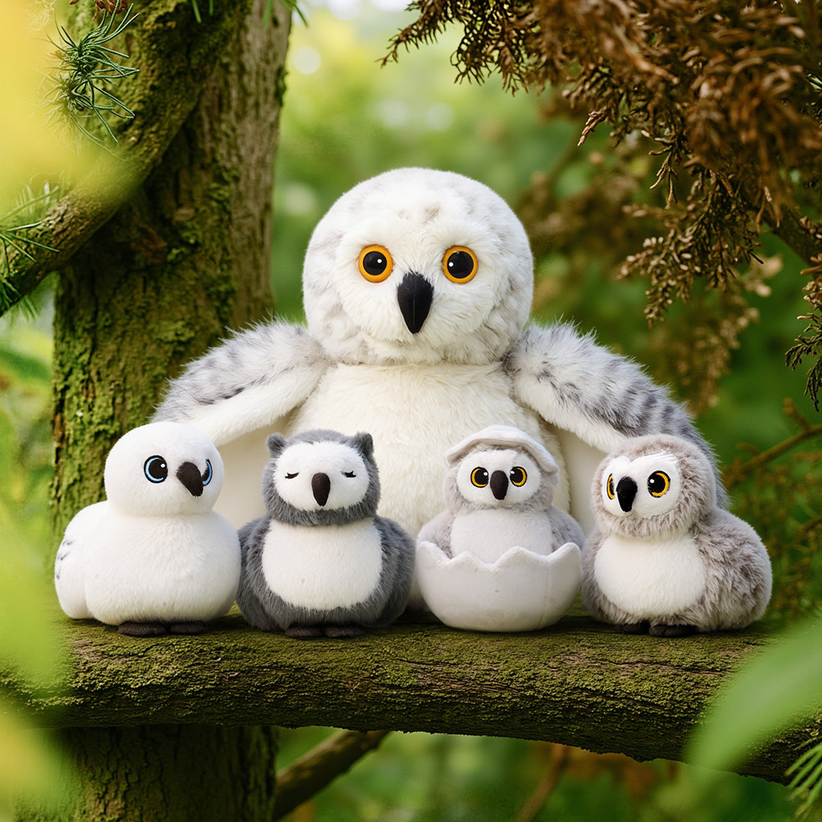 Peluches famille Hibou avec 4 bébés - Avec tête rotative