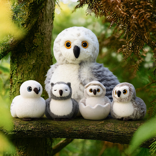 Peluches famille Hibou avec 4 bébés - Avec tête rotative