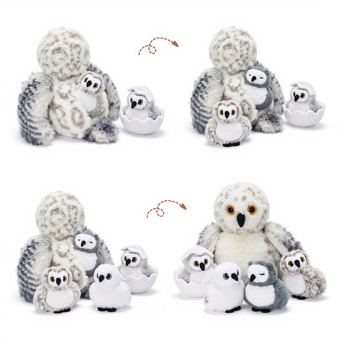 Peluches famille Hibou avec 4 bébés - Avec tête rotative