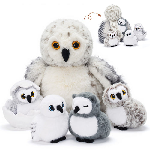 Peluches famille Hibou avec 4 bébés - Avec tête rotative