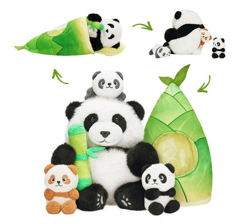 Ensemble de Jeu en Peluche de Famille Pandas avec 3 Bébés Coffrets Cadeaux pour Tout-petit