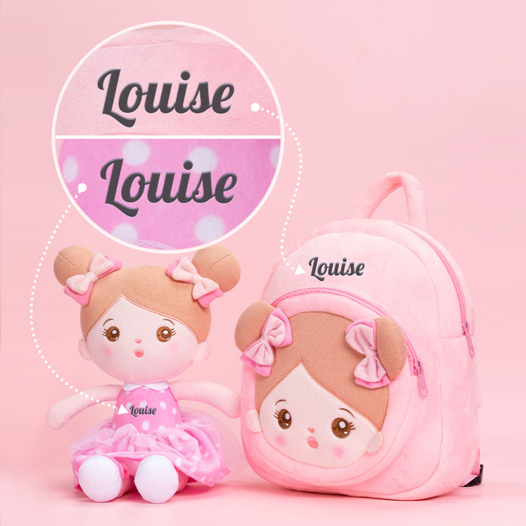 Personnalisée Poupée en Peluche avec Yeux Ouverts en Robe à Pois Roses