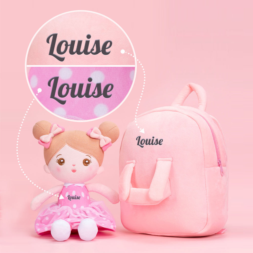 Personnalisée Poupée en Peluche avec Yeux Ouverts en Robe à Pois Roses