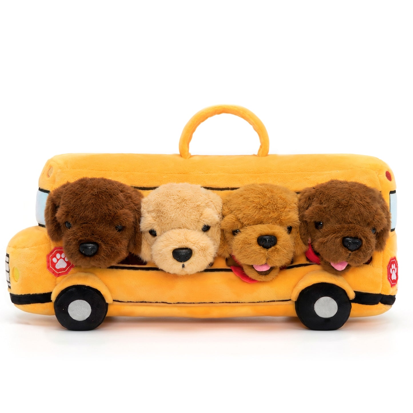 Bus scolaire en peluche avec chiots Golden Retriever, personnalisable (Set de 5 pièces)