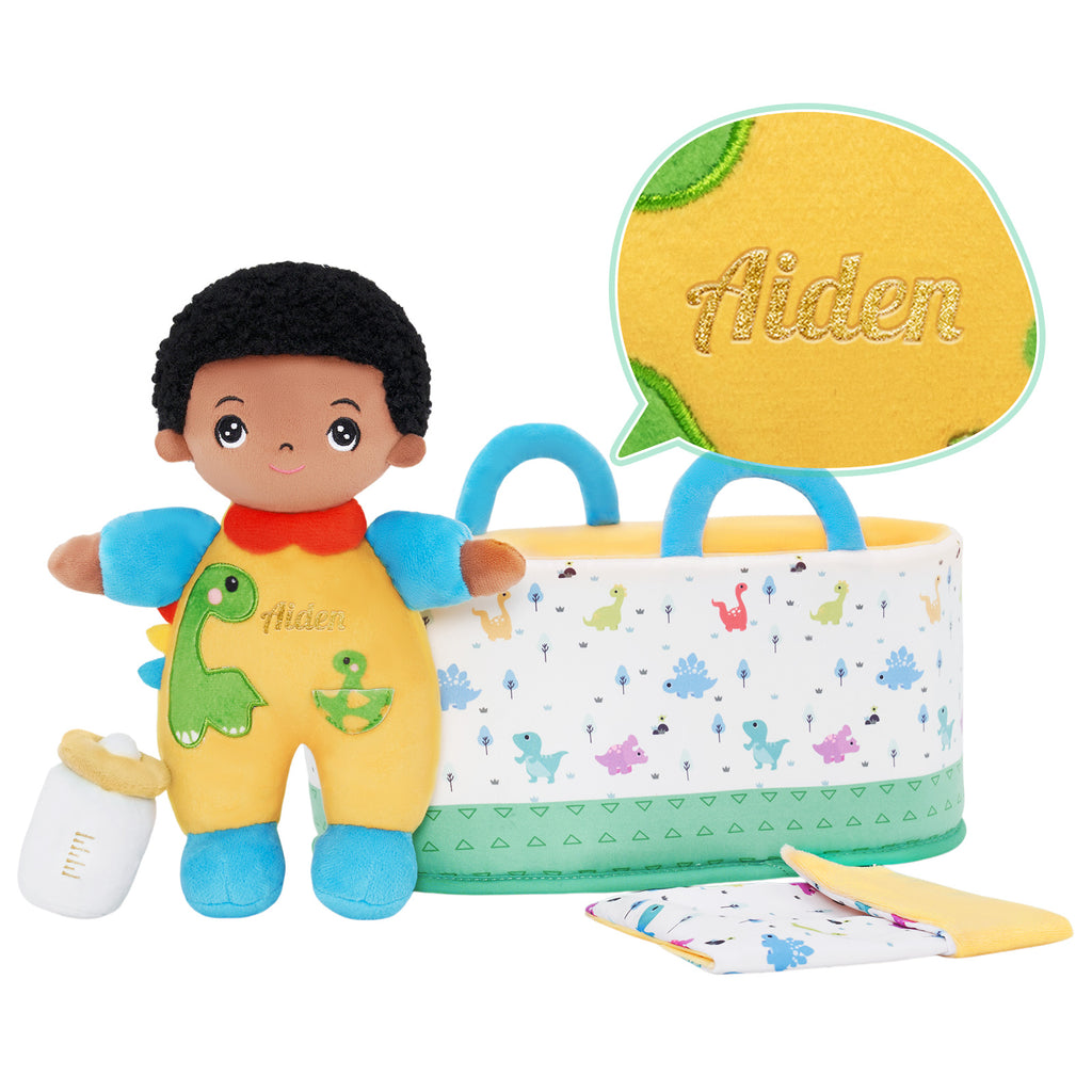Mini Poupée En Peluche Personnalisée Dinosaure à Peau Foncée Et Coffret Cadeau