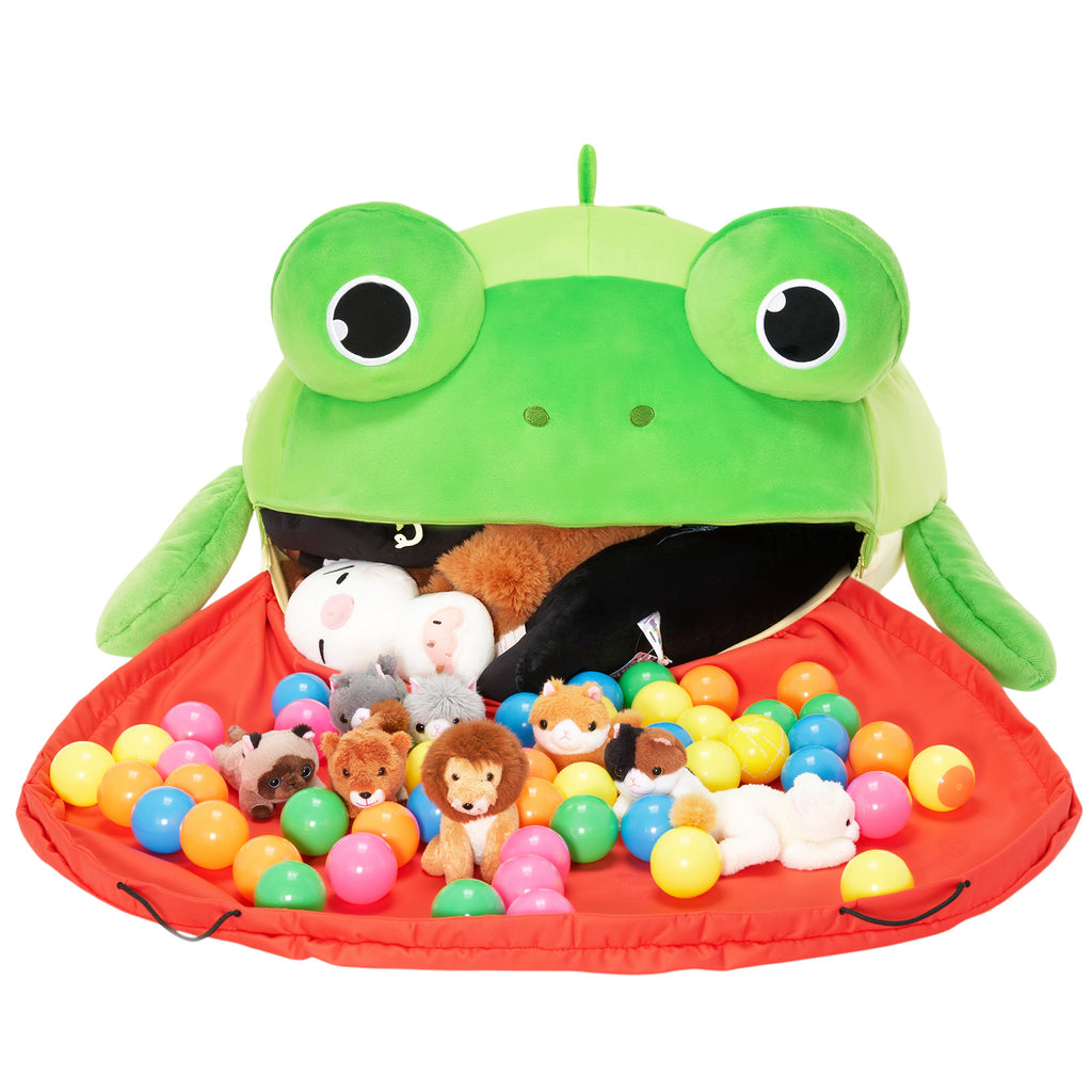 Sac de rangement pour jouets en forme de grenouille avec tapis de jeu qui tire la langue