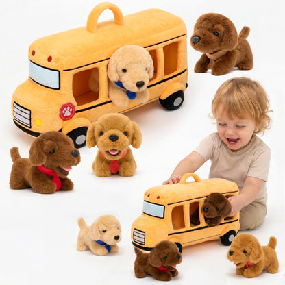 Bus scolaire en peluche avec chiots Golden Retriever, personnalisable (Set de 5 pièces)