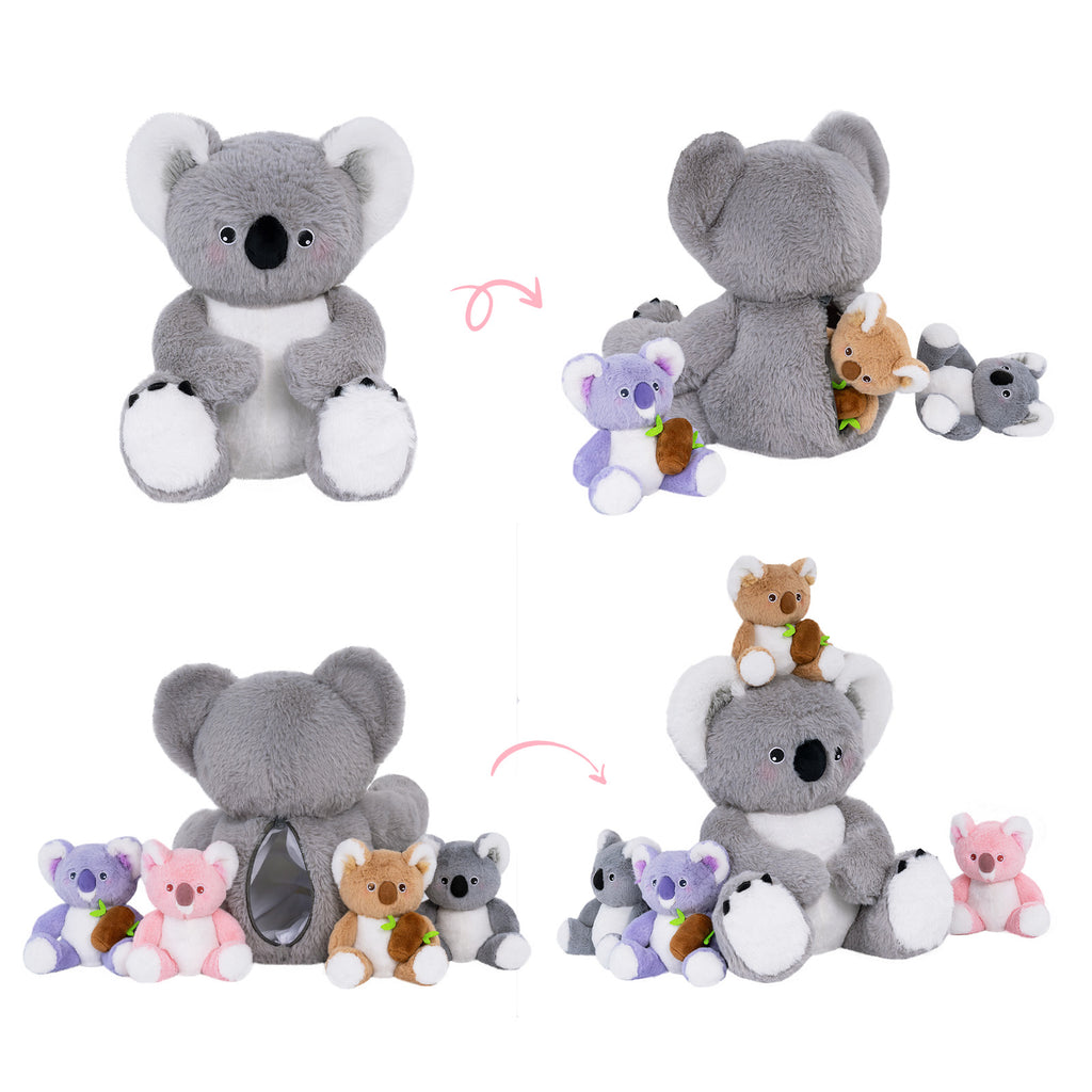 Ensemble de Jeu en Peluche de Famille Koalas avec 4 Bébés Coffrets Cadeaux pour Tout-petit