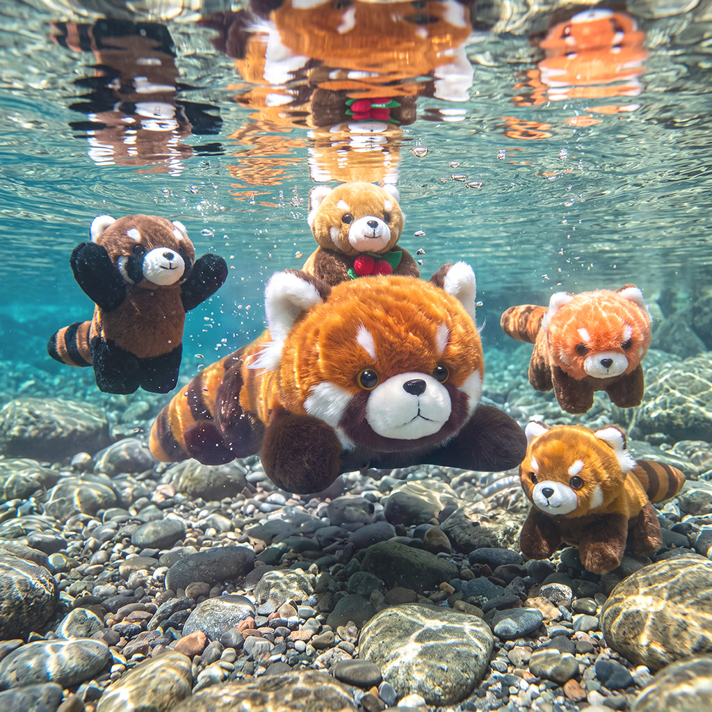 Famille Panda Roux en Peluche avec 4 Bébés