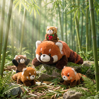 Famille Panda Roux en Peluche avec 4 Bébés