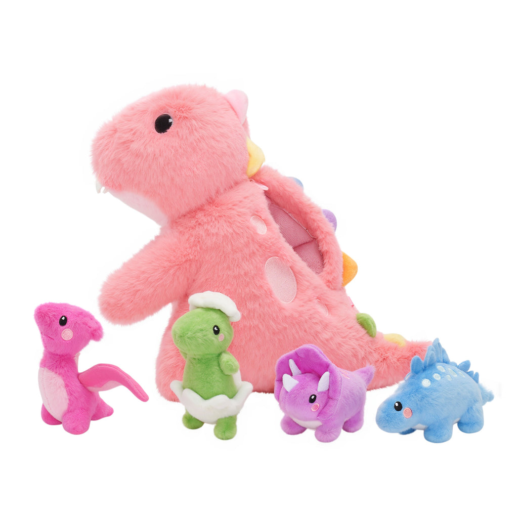 Peluche de la Famille des Dinosaures avec 4 Bébés Dinosaures,Comme Sac à Bandoulière