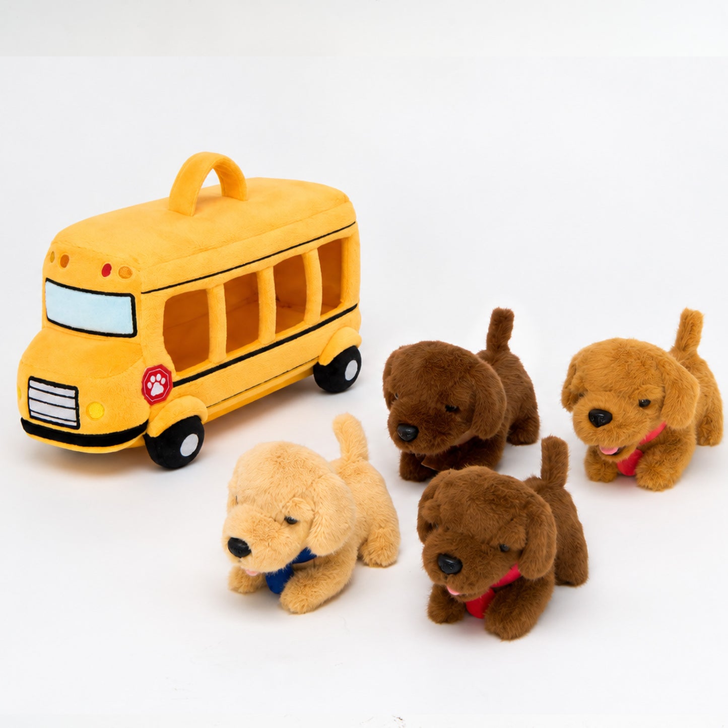 Bus scolaire en peluche avec chiots Golden Retriever, personnalisable (Set de 5 pièces)
