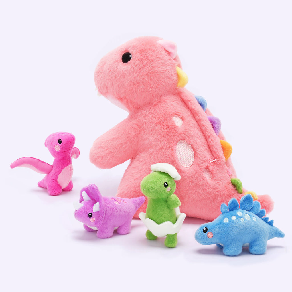 Peluche de la Famille des Dinosaures avec 4 Bébés Dinosaures,Comme Sac à Bandoulière