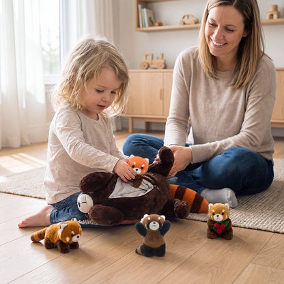 Famille Panda Roux en Peluche avec 4 Bébés