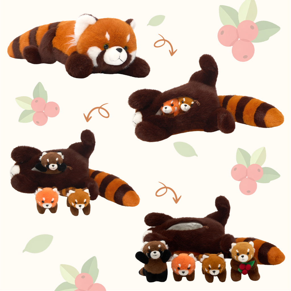 Famille Panda Roux en Peluche avec 4 Bébés