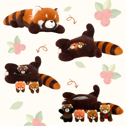 Famille Panda Roux en Peluche avec 4 Bébés
