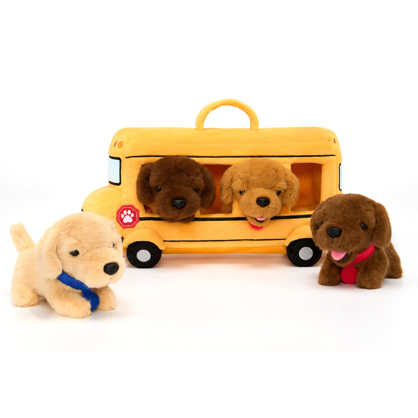 Bus scolaire en peluche avec chiots Golden Retriever, personnalisable (Set de 5 pièces)