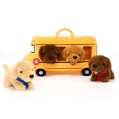 Bus scolaire en peluche avec chiots Golden Retriever, personnalisable (Set de 5 pièces)