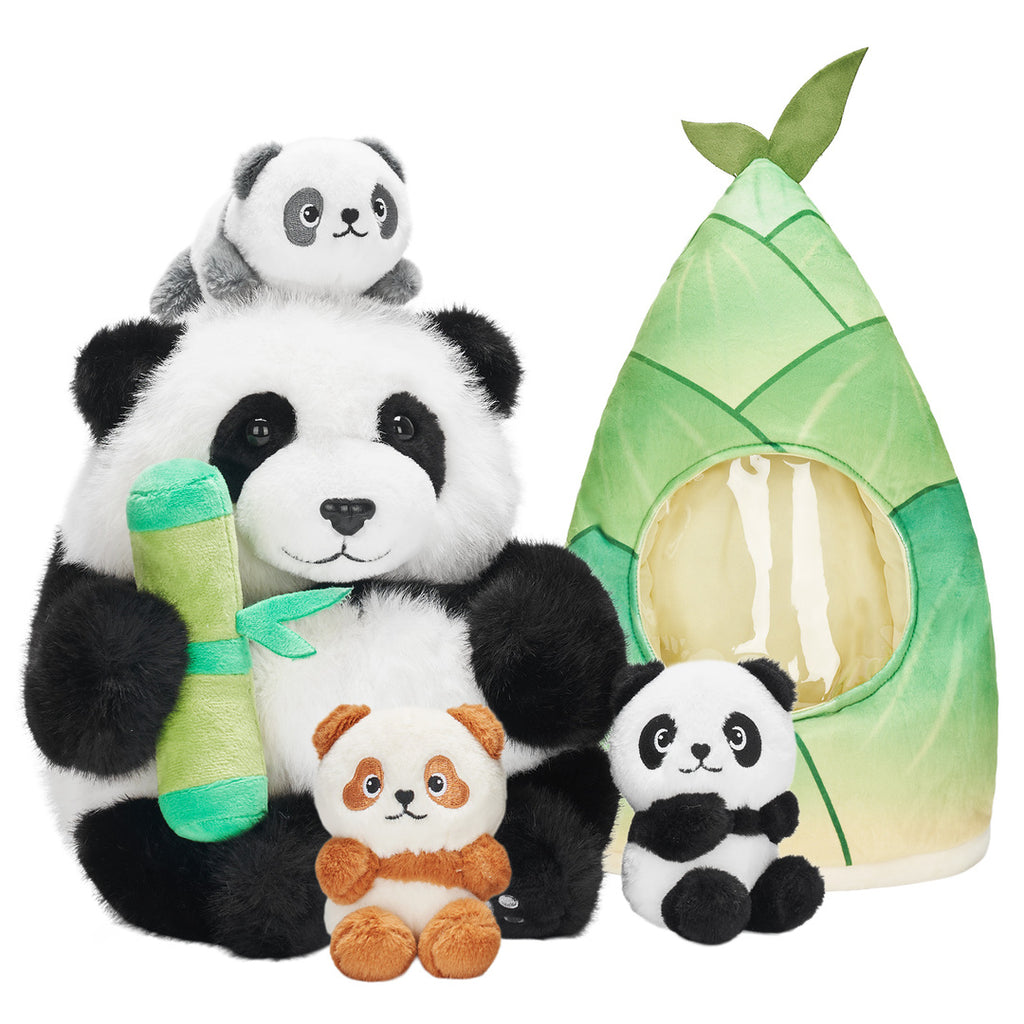 Ensemble de Jeu en Peluche de Famille Pandas avec 3 Bébés Coffrets Cadeaux pour Tout-petit