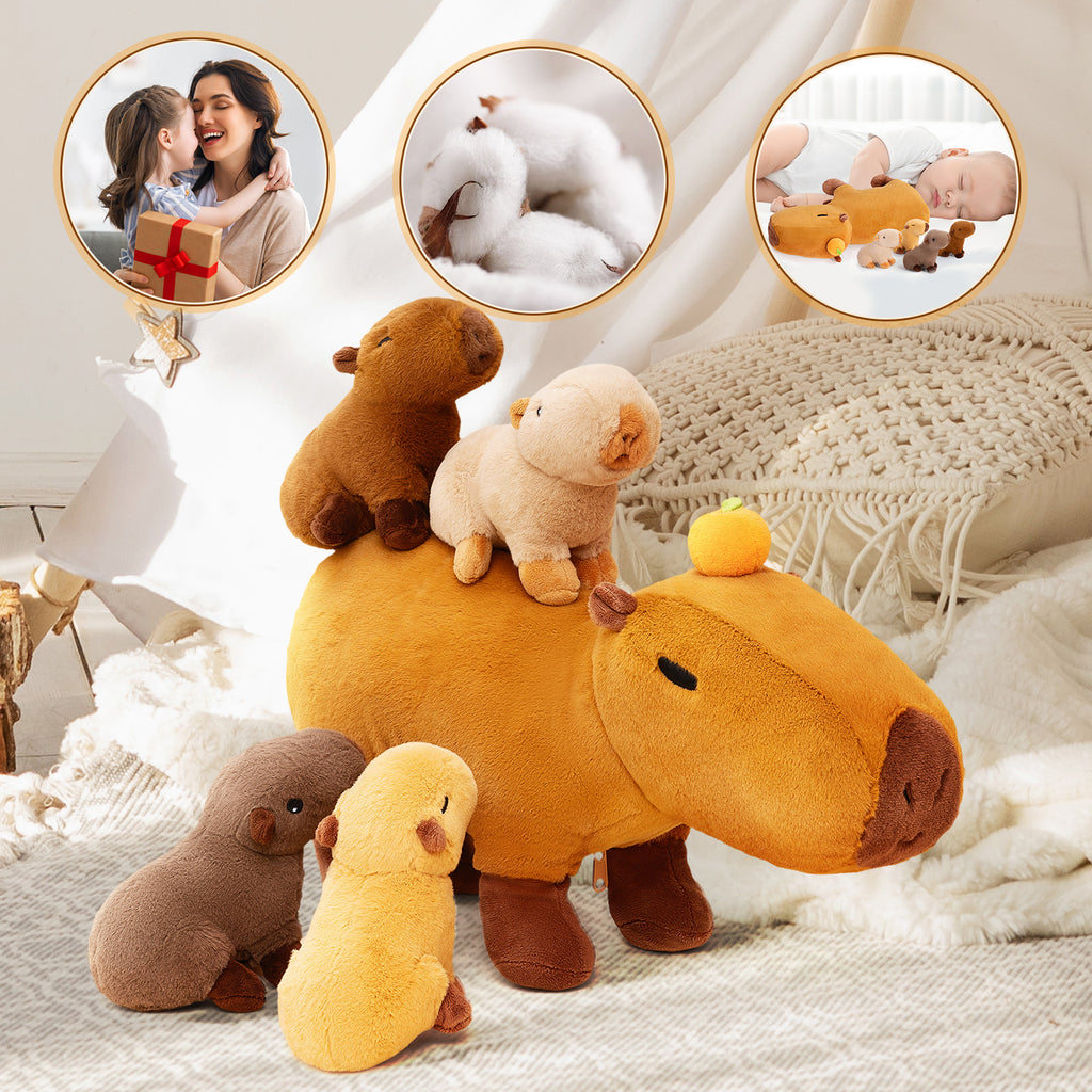 Ensemble de Jeu en Peluche de Famille Kapibaras avec 4 Bébés Coffrets Cadeaux pour Tout-petit