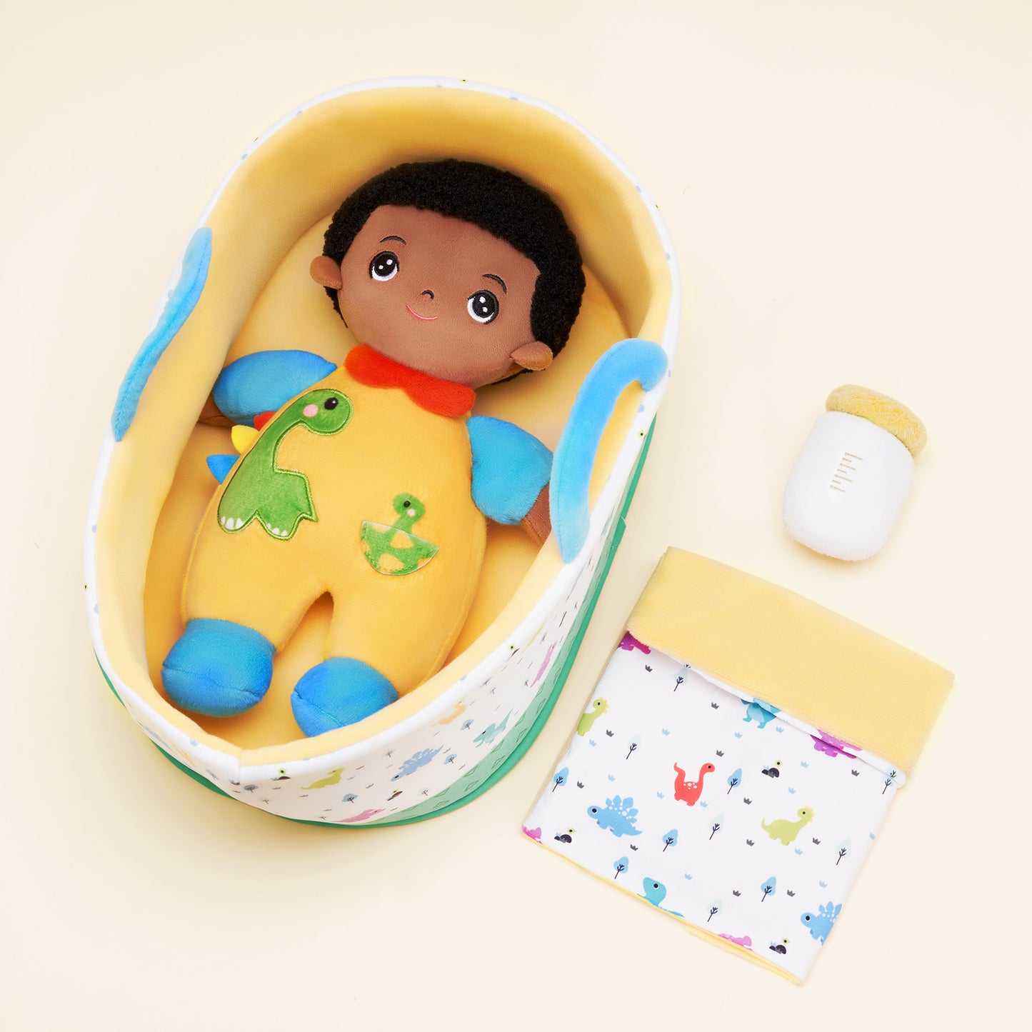 Mini Poupée En Peluche Personnalisée Dinosaure à Peau Foncée Et Coffret Cadeau