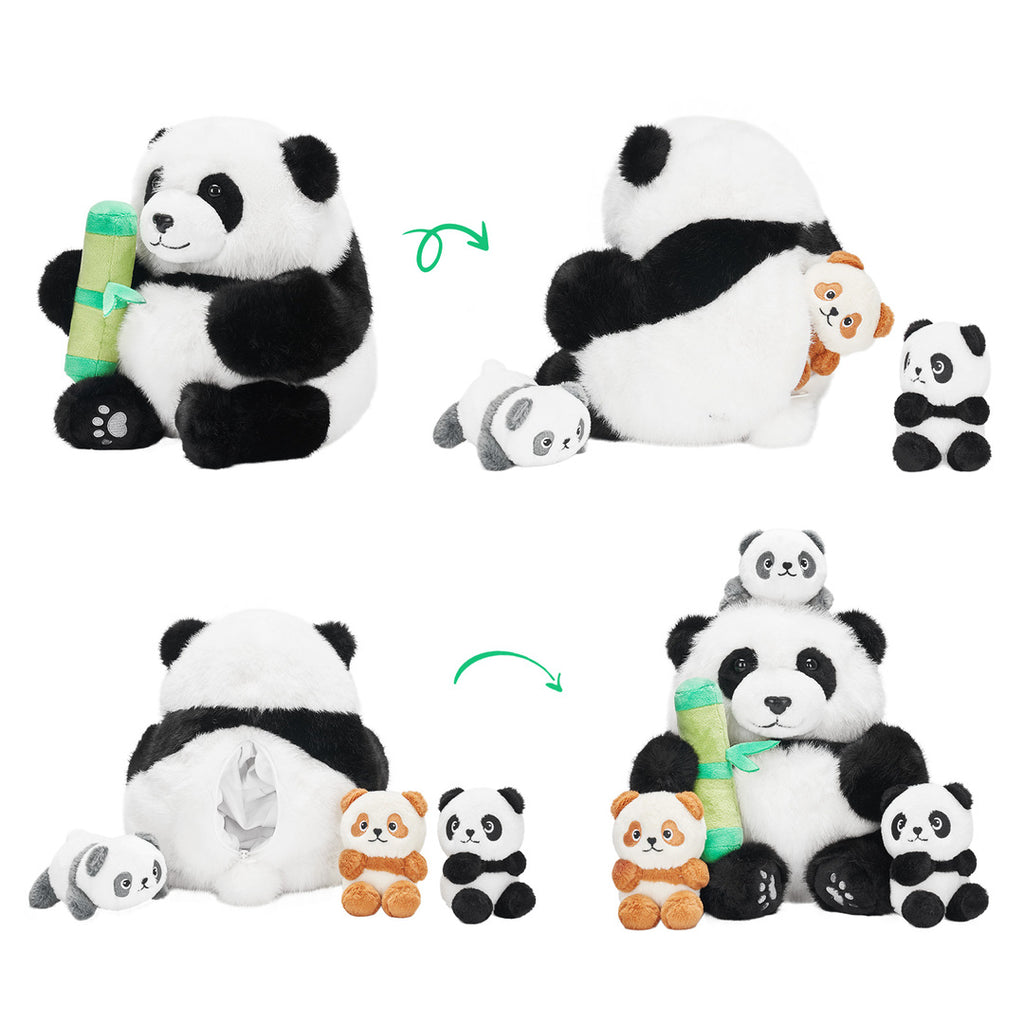 Ensemble de Jeu en Peluche de Famille Pandas avec 3 Bébés Coffrets Cadeaux pour Tout-petit