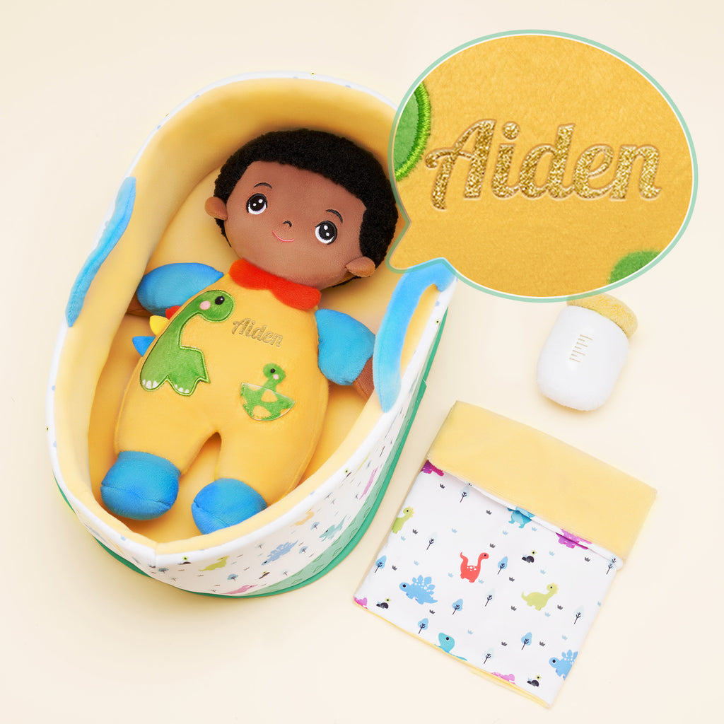 Mini Poupée En Peluche Personnalisée Dinosaure à Peau Foncée Et Coffret Cadeau