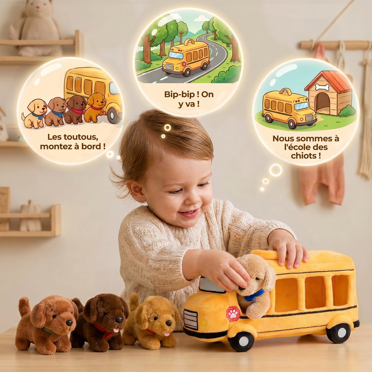 Bus scolaire en peluche avec chiots Golden Retriever, personnalisable (Set de 5 pièces)