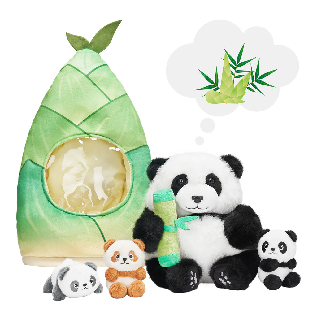 Ensemble de Jeu en Peluche de Famille Pandas avec 3 Bébés Coffrets Cadeaux pour Tout-petit