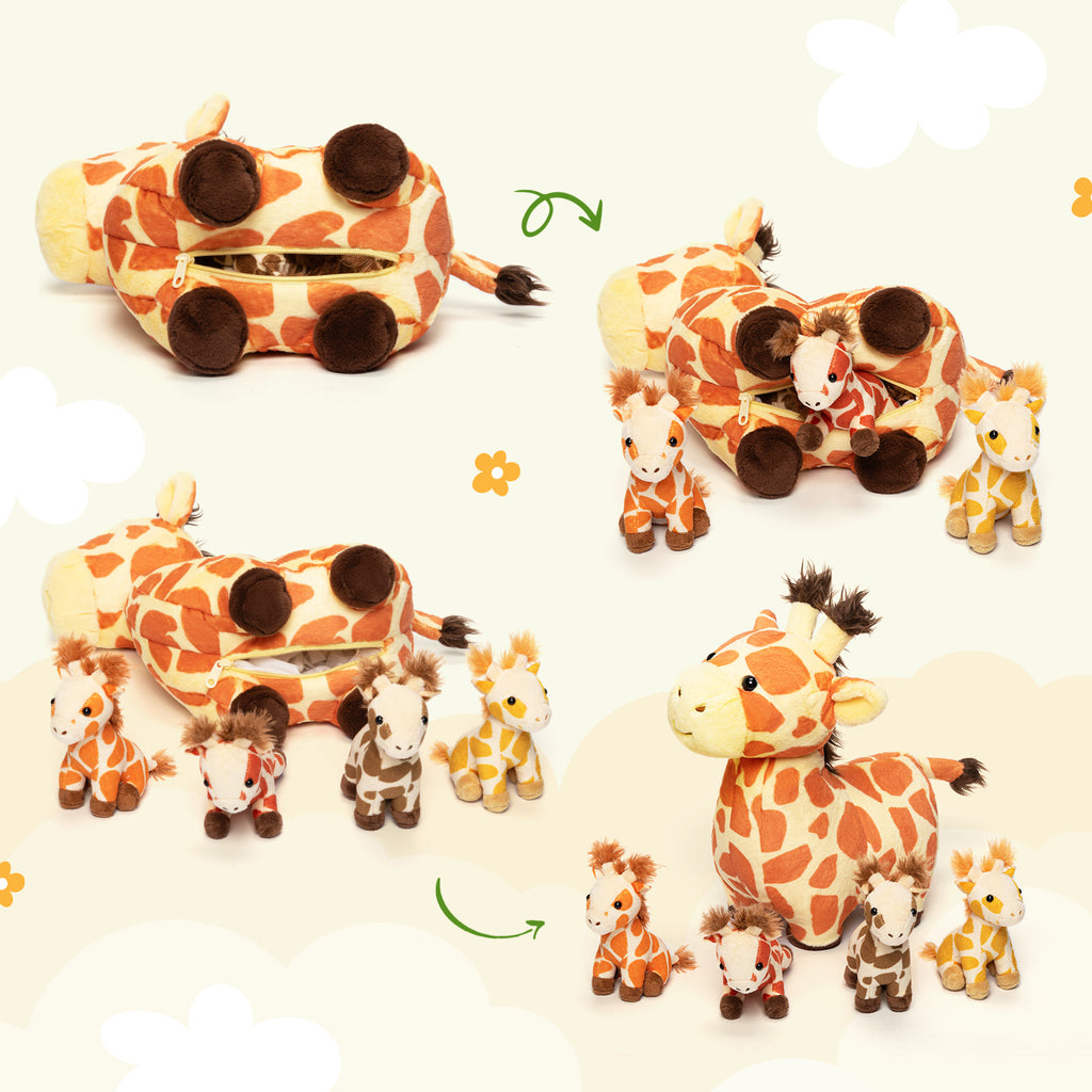 Ensemble de Jouets en Peluche Famille Girafe avec Coffret Cadeau 4 Pièces pour Bébé et Tout-petit