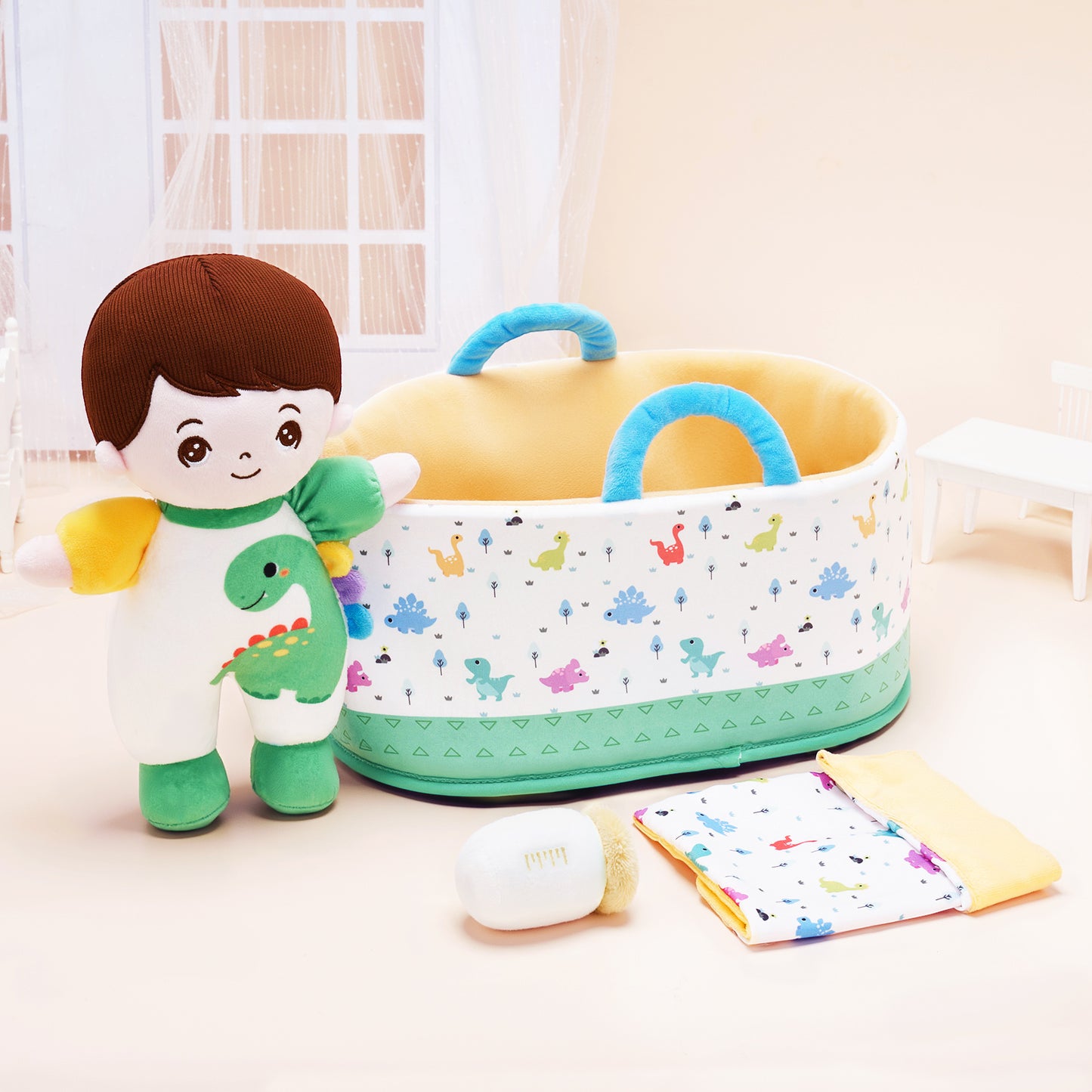 Mini Poupée En Peluche Personnalisée Dinosaure à Peau Blanche Et Coffret Cadeau