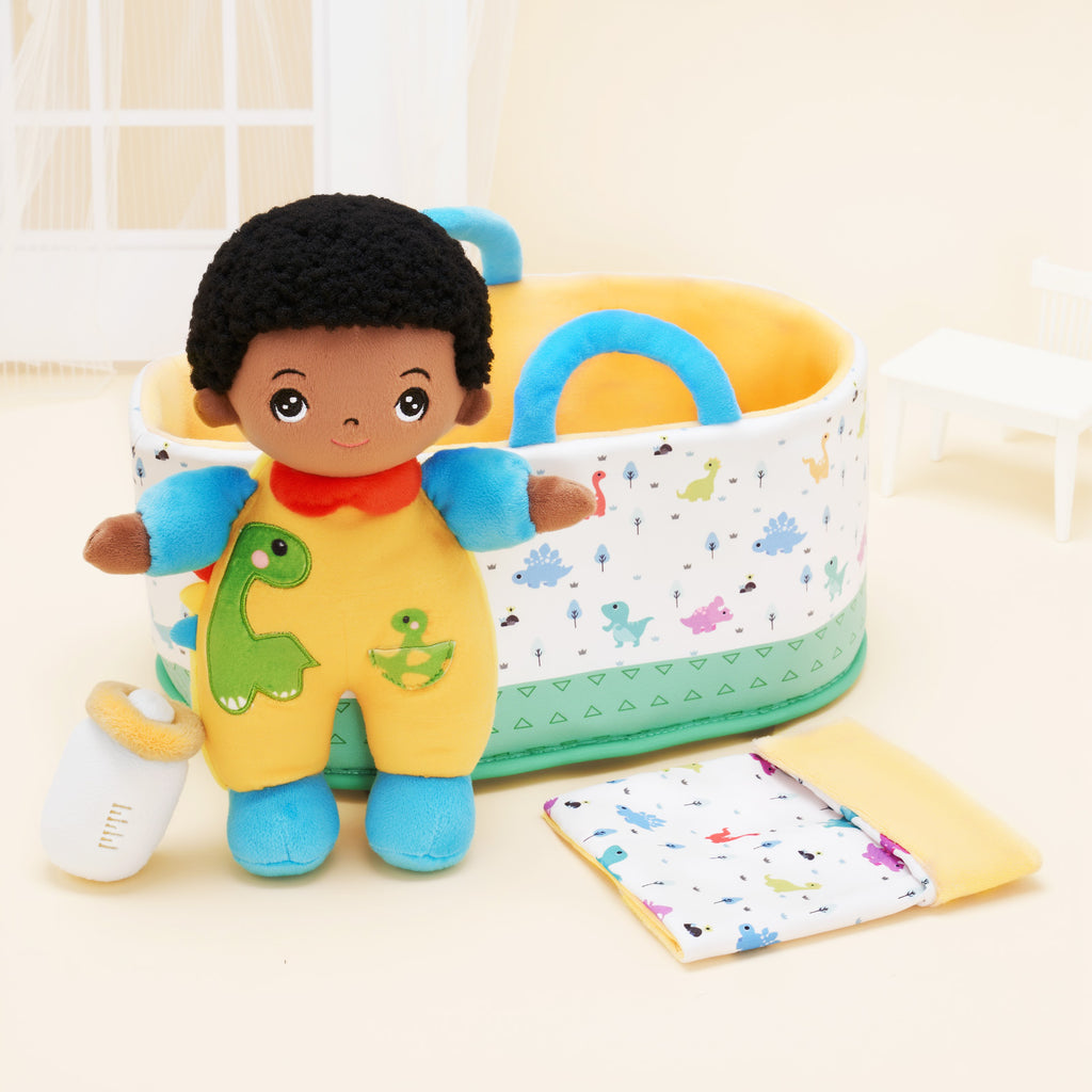 Mini Poupée En Peluche Personnalisée Dinosaure à Peau Foncée Et Coffret Cadeau