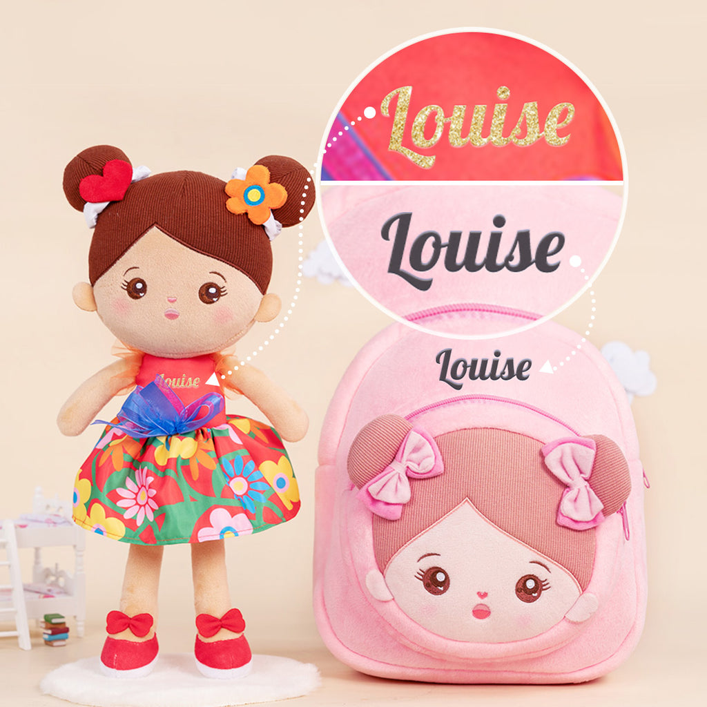 Poupée peluche personnalisée, peau marron, robe fleurie rouge