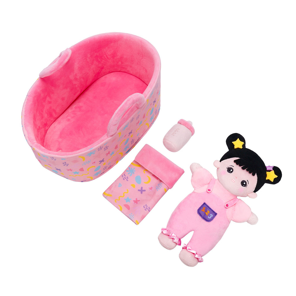 Mini Personnalisée Poupée en Peluche avec Yeux Ouverts dans Cheveux Noirs & Ensemble-cadeau