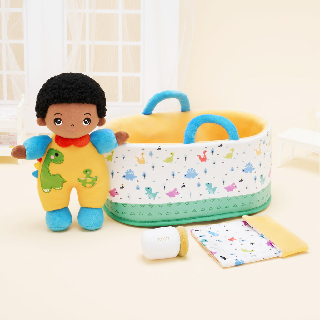 Mini Poupée En Peluche Personnalisée Dinosaure à Peau Foncée Et Coffret Cadeau