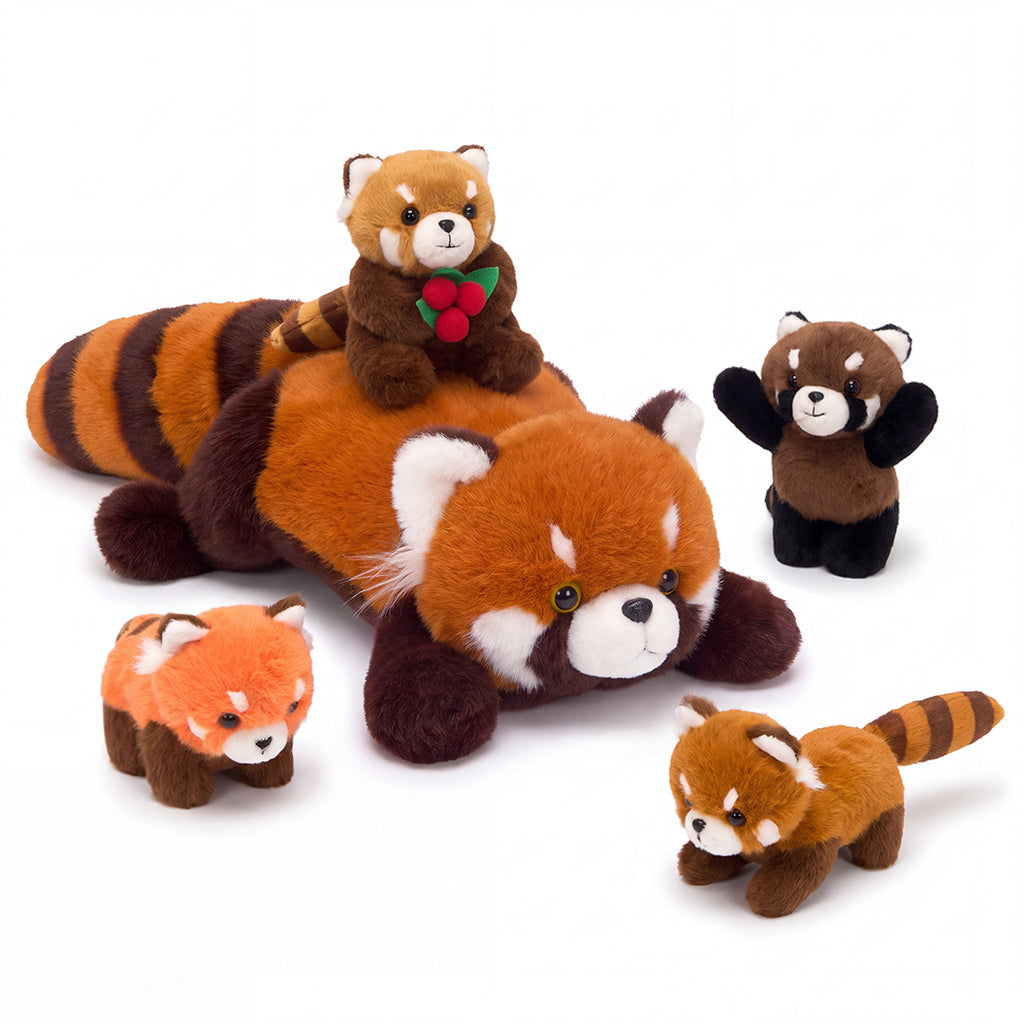 Famille Panda Roux en Peluche avec 4 Bébés