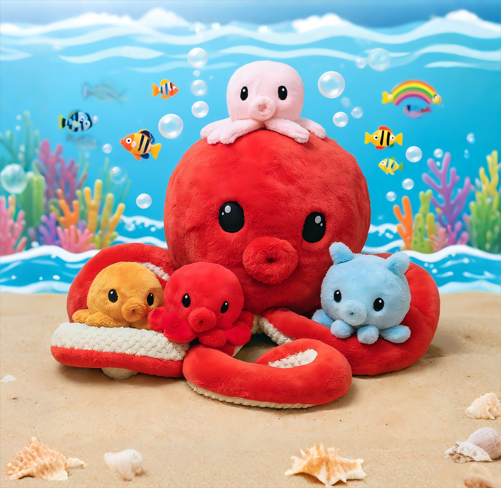 Peluche pieuvre avec 4 bébés pieuvres à l'intérieur