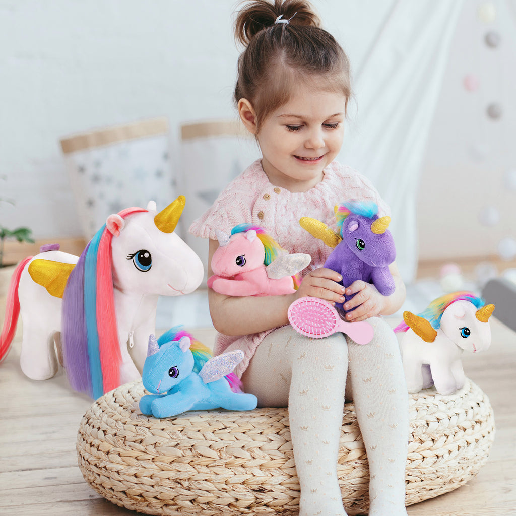 Ensemble de Jeu en Peluche de Famille Licornes avec 4 Bébés Coffrets Cadeaux pour Tout-petit