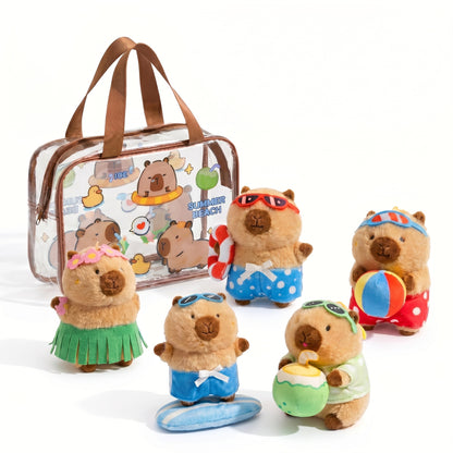 Ensemble de jeu en peluche Capybara Aventure estivale à la plage, 6 pièces, avec sac imperméable (2-6 ans)
