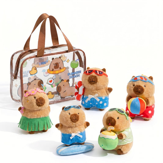 Ensemble de jeu en peluche Capybara Aventure estivale à la plage, 6 pièces, avec sac imperméable (2-6 ans)