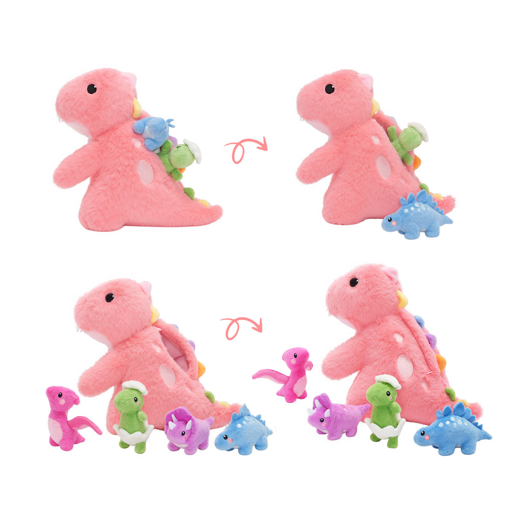 Peluche de la Famille des Dinosaures avec 4 Bébés Dinosaures,Comme Sac à Bandoulière