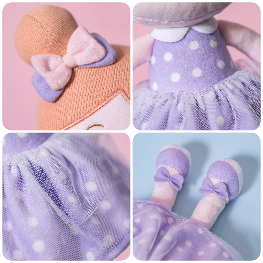 Personnalisée Poupée en Peluche avec Yeux Ouverts en Robe à Pois Violets