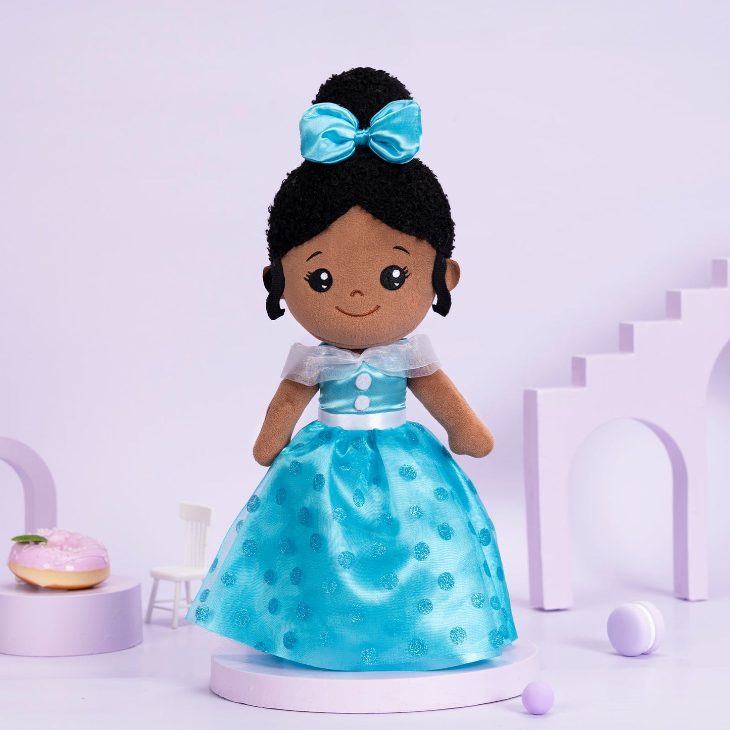 Teint Foncé Personnalisée Poupée en Peluche en Robe Longue Bleue