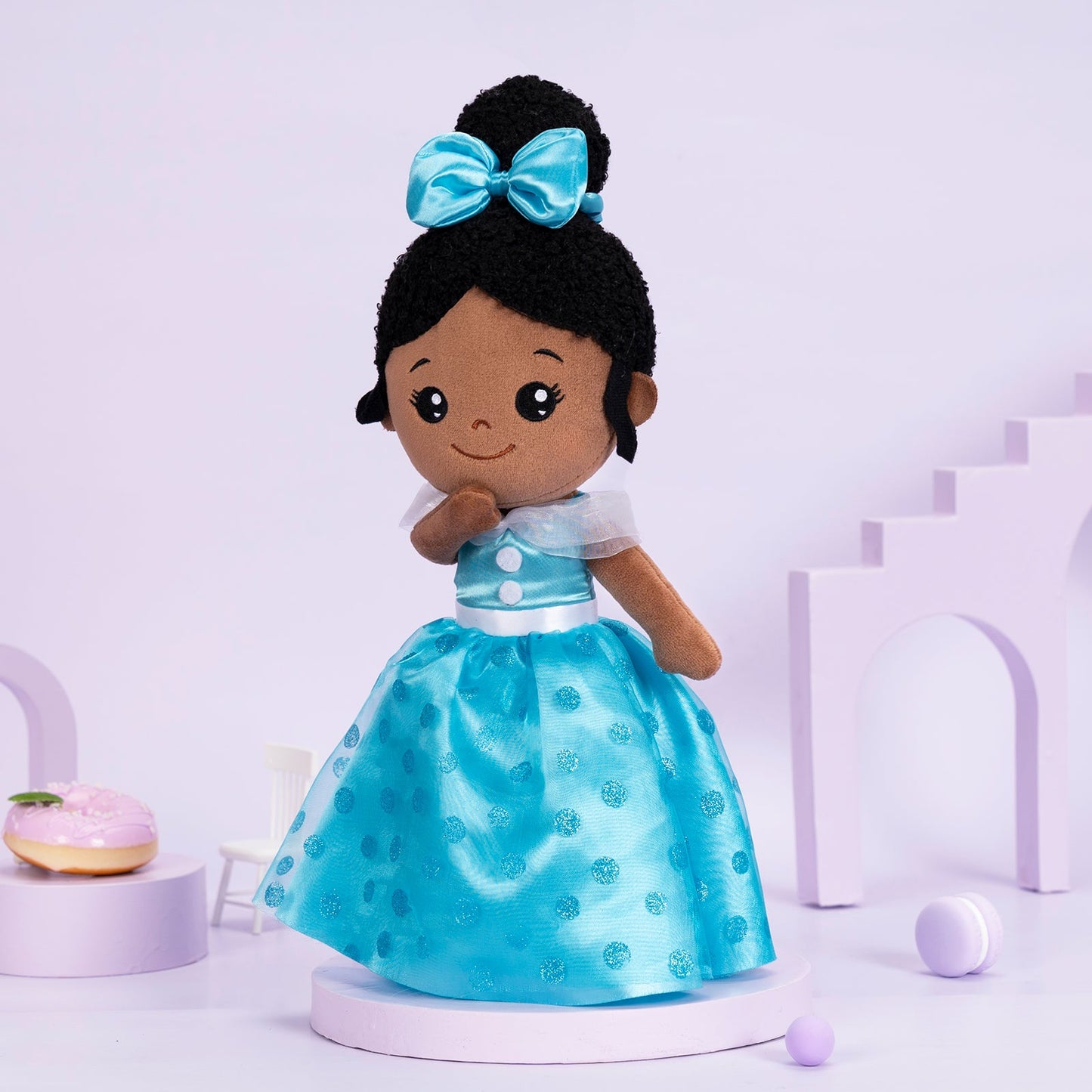 Teint Foncé Personnalisée Poupée en Peluche en Robe Longue Bleue